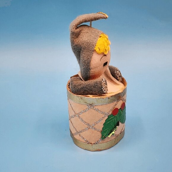 1950s Pixie Elf in Drum Oament Spun Pixie Cotton Foil Holly Felt Hat Putz Style - Picture 6 of 10